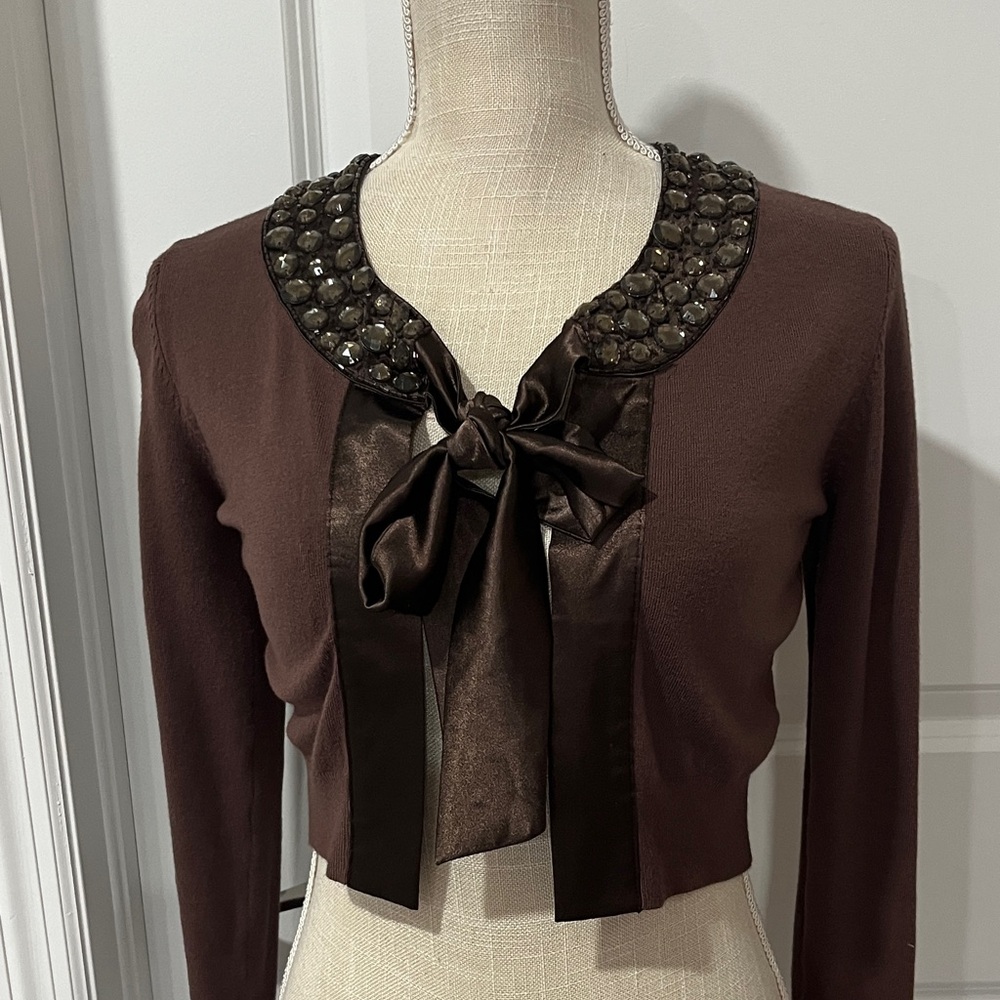 RENAIS VTG Bolero Knit Shrug Satin Bow Smoky Embellishments Knit Cropped SZ S/M